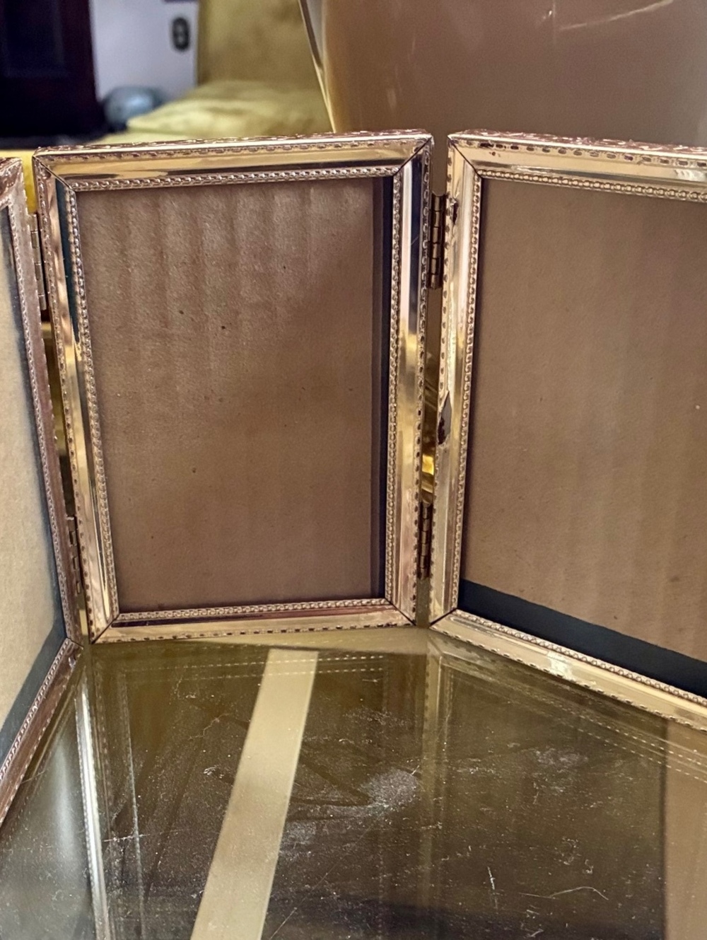 Vintage Tri-Fold gold Tone embossed Picture Frame